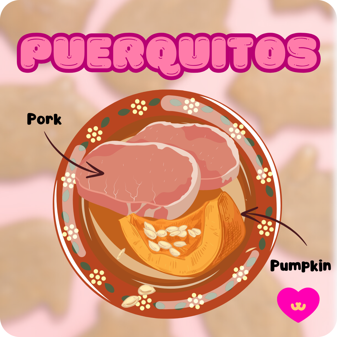Puerquitos pork and pumpkin ingredient benefits badge ā supports muscle health, high protein, and gentle digestion.