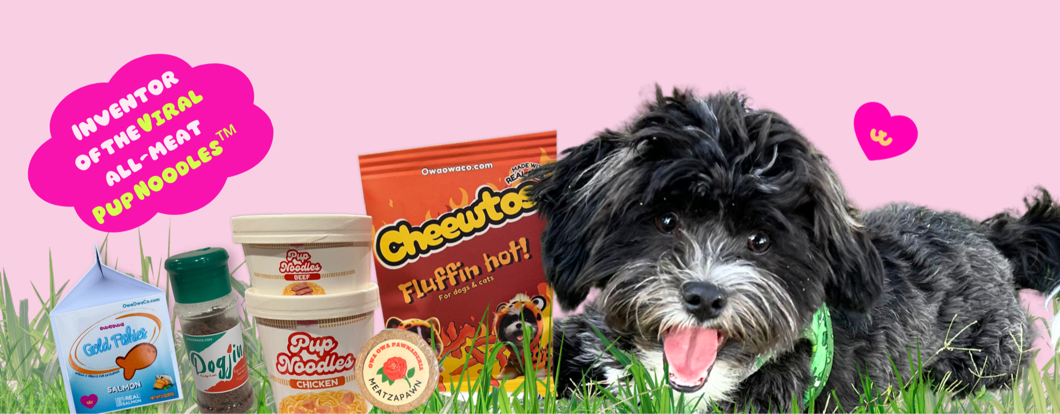 Advertisement for pet treats with a dog and various products on a pink background