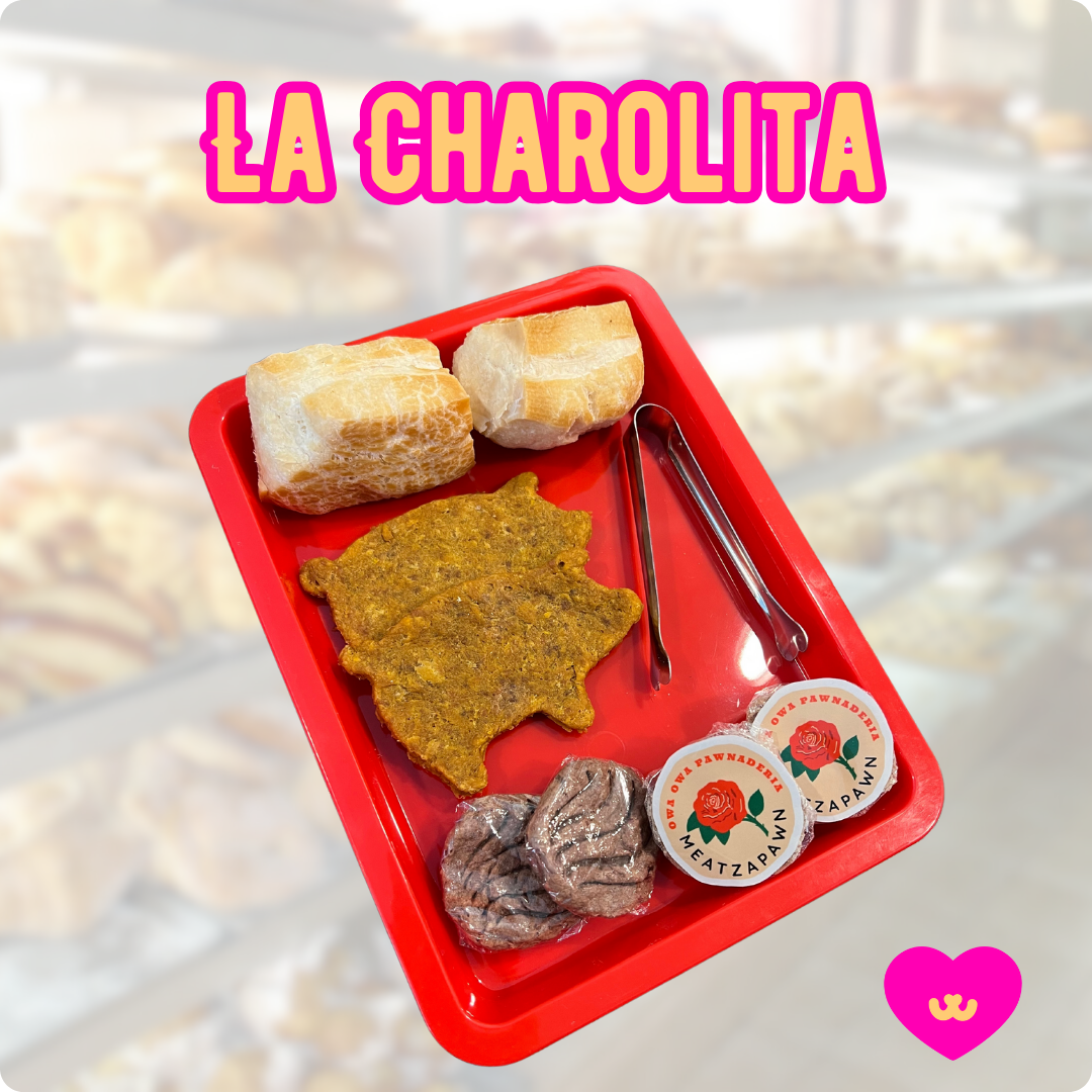 La Charolita dog charcuterie tray – includes panadería-inspired dog treats with mini tongs
Owa Owa La Charolita – dog pan dulce gift set with bolillo yak chew and stickers
