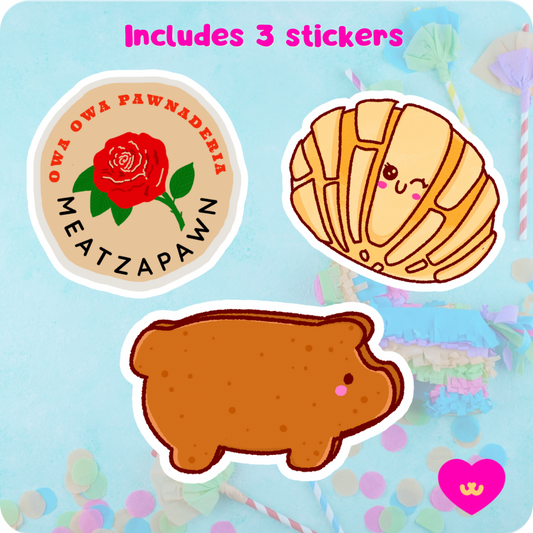Owa Owa Puro pawri dog treat sampler, includes 3 kwaii style stickers for dog mom or dog dad, waterproof conchita, puerquito, and meatzapan mazapán stickers