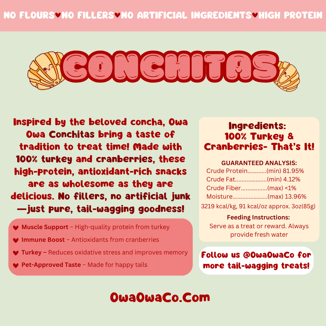 Owa Owa Conchitas packaging back panel with ingredients, nutritional information, and brand story text.