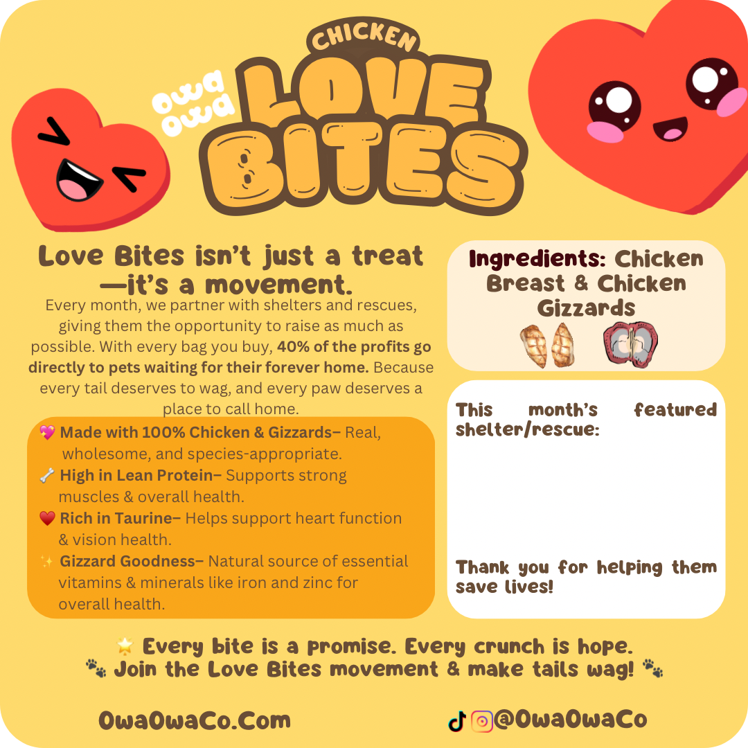 Love Bites – chicken-based dog and cat treats that donate 40% of profits to animal shelters