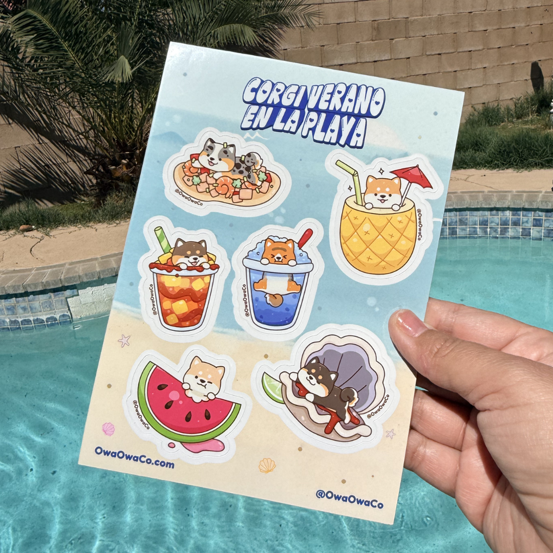 Owa Owa Ciorgi verano en la playa Stickers sheet with corgi-themed and food themed designs