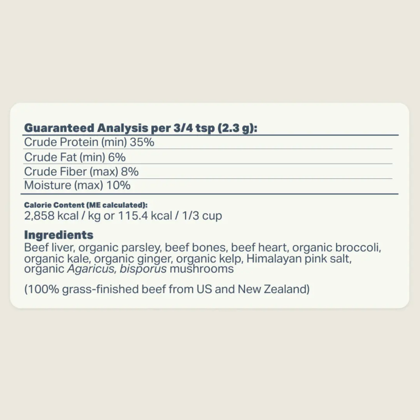 Beef liver, beef heart, kelp, mushrooms dog nutrition