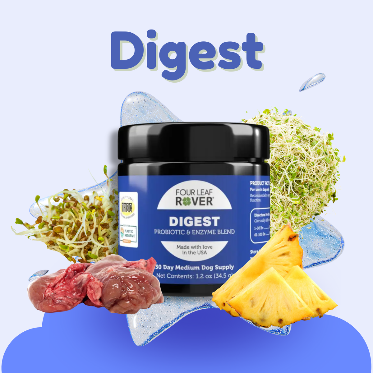 Four Leaf Rover Digest
Organ Care
A daily digestive supplement with New Zealand beef pancreas, digestive enzymes, and soil-based probiotics to help dogs break down their food and support healthy digestion.
