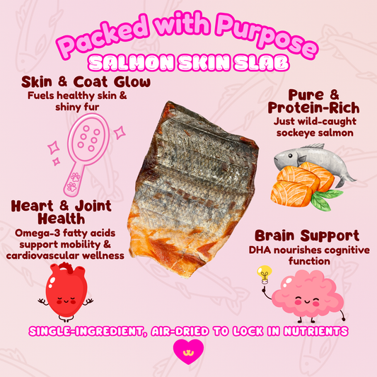 Owa Owa Wild Sockeye Salmon Skin benefits with icons: 🫀 Heart & Joint Health – Omega-3 fatty acids support mobility & cardiovascular wellness; 🧠 Brain Support – DHA nourishes cognitive function; ✨ Skin & Coat Glow – Fuels healthy skin & shiny fur; 🍖 Pure & Protein-Rich – Just wild-caught sockeye salmon. Footer text: Sustainably sourced • Grain-free • Single-ingredient.