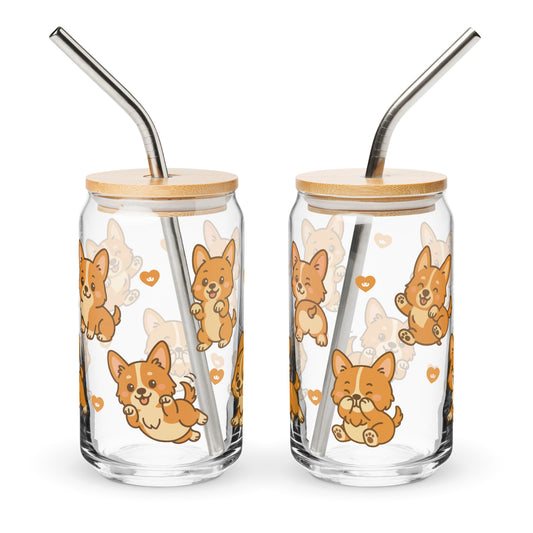 Owa Owa kawaii Corgi iced coffee glass cup with lid and straw