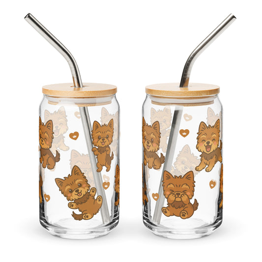 Owa Owa 16oz kawaii Yorkie glass cup with lid and straw for iced coffee or matcha, agua fresca
