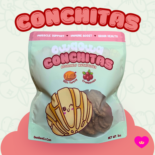 Bag of Owa Owa Conchitas dog and cat treats made with turkey and cranberries, featuring cute kawaii concha illustration and pastel pink-to-mint gradient background.