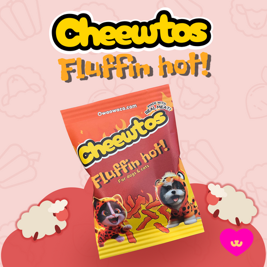 Owa Owa Fluffin Hot Cheewtos bag with cartoon dogs in cheetah print. Healthy lamb, bell pepper, and beet dog and cat treats shaped like spicy cheese snacks. Made with real meat and wholesome ingredients.