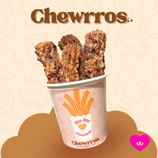 Chewrros – churro-shaped dental dog treats made with chicken breast and chicken hearts, for healthy heart and dental support