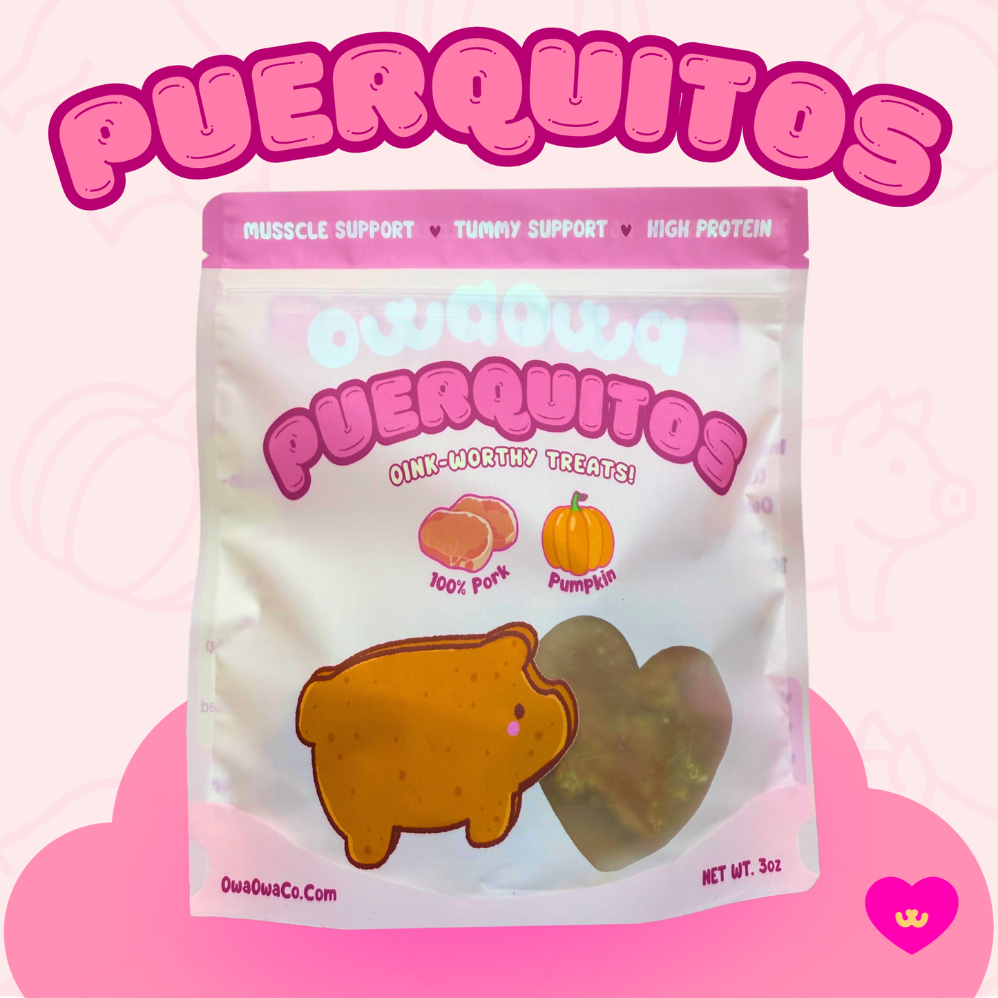 Owa Owa Puerquitos dog treats in resealable bag with kawaii pig illustration and heart-shaped window, made with 100% pork and pumpkin for muscle support, tummy health, and high protein.