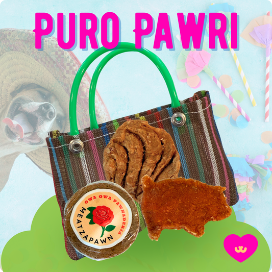 Owa Owa Puro pawri dog treat sampler mercado bolsita, includes 3 kwaii style stickers for dog mom or dog dad, waterproof conchita, puerquito, and meatzapan mazapán stickers. all meat dog treats Mexican inspired