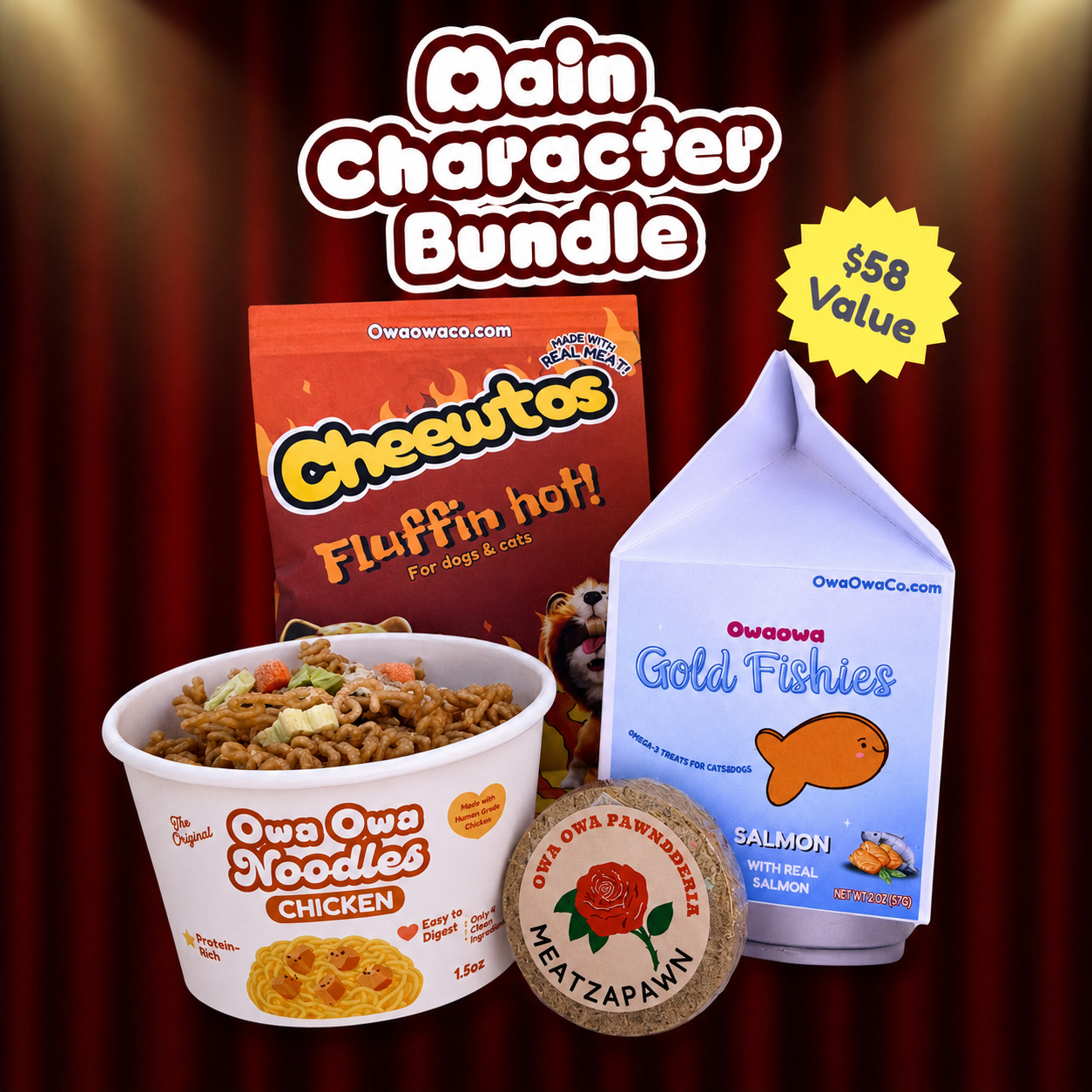 OwOwaCo product bundle including hot cheetos for dogs and cats, Gold Fishes, mazapan for dog and cats, and owa owa pup Noodles.
