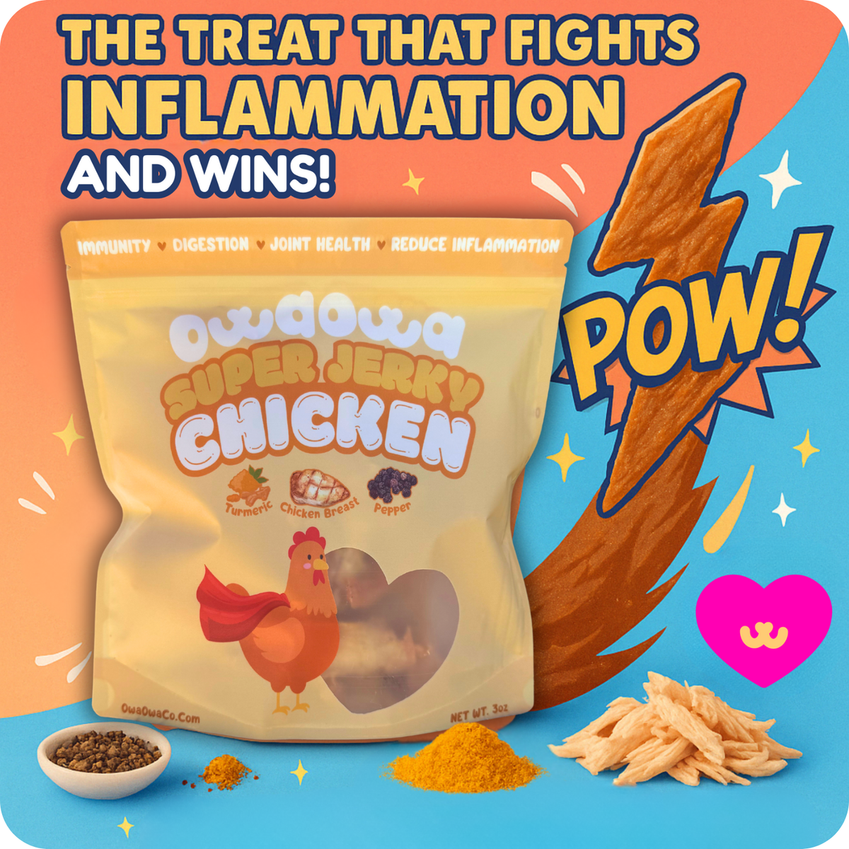 Owa Owa Super Chicken Jerky, a golden crunchy air-dried treat made with chicken breast, turmeric, and black pepper. The jerky strips are shown stacked with a clean, minimalist background that emphasizes freshness, species-appropriate nutrition, and premium quality.