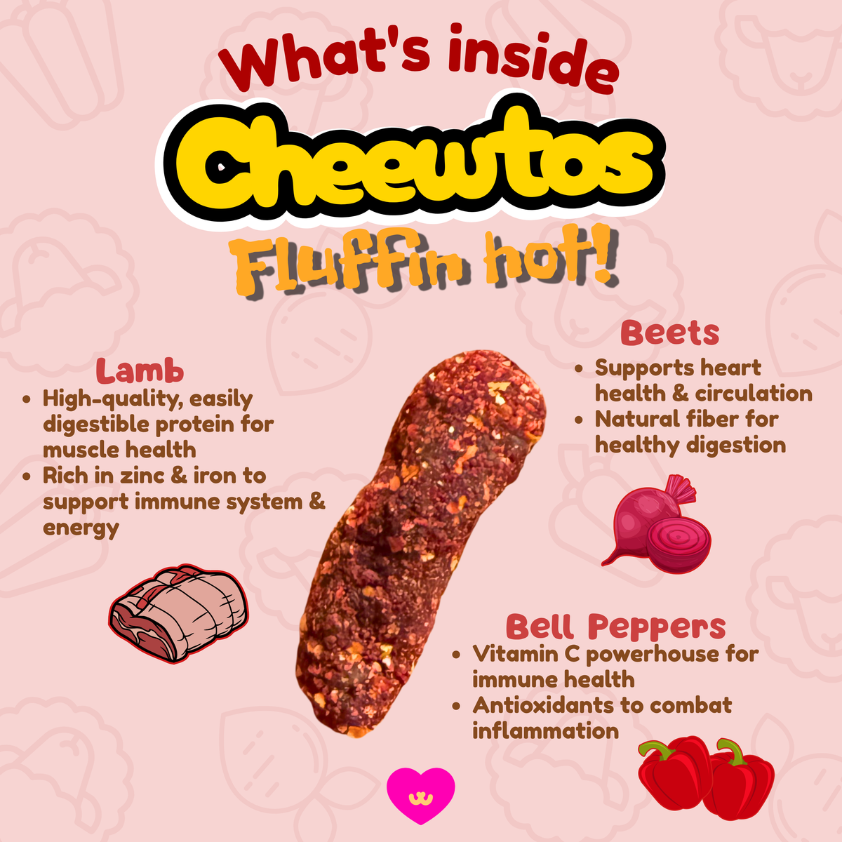 Owa Owa Fluffin Hot Cheewtos ingredient benefits graphic showing lamb for protein, bell peppers for vitamin C and antioxidants, and beets for heart health and digestion. Healthy, fun treats for dogs and cats.