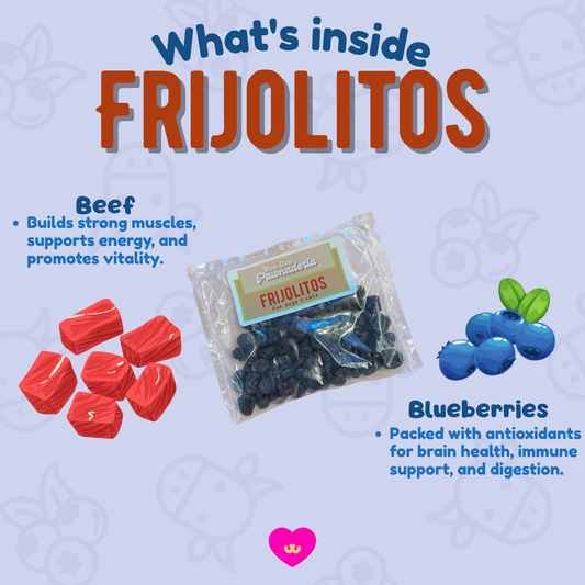 Owa Owa Frijolitos dog treats made with beef and blueberries. Supports muscle health, boosts energy, and provides antioxidant-rich brain and immune support.