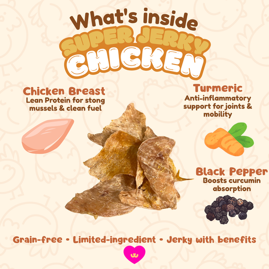 Owa Owa Super Chicken Jerky Graphic card titled ‘What’s Inside’ with four illustrated icons highlighting ingredients: chicken breast for lean protein, turmeric for joint and anti-inflammatory support, black pepper to boost absorption, and air-dried for nutrients and crunch. Footer reads: Grain-free • Limited-ingredient • Jerky with benefits.