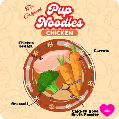 Owa Owa Pup Noodles Chicken with ingredient callouts: chicken breast, chicken bone broth powder, broccoli, carrots. Healthy dog treat made with real meat and veggies, no fillers or artificial ingredients.