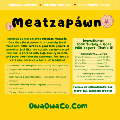 Owa Owa Meatzapawn product info graphic with feeding guidelines, ingredients, and benefits. Turkey for lean protein, digestion, and memory; goat milk yogurt for probiotics and immune health.