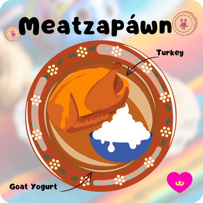 Owa Owa Meatzapawn cross-section graphic highlighting turkey and goat milk yogurt. Healthy, soft dog treat for gut health, picky eaters, and sensitive stomachs. Inspired by traditional mazapán candy.