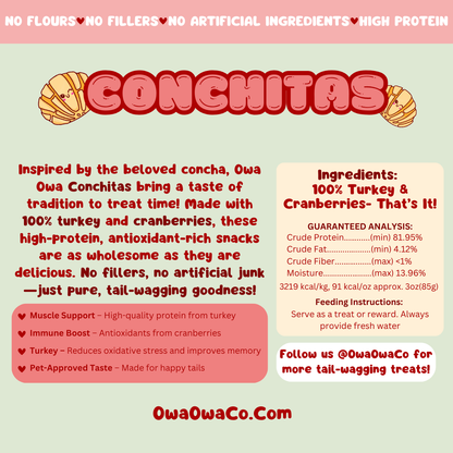 Owa Owa Conchitas packaging back panel with ingredients, nutritional information, and brand story text.