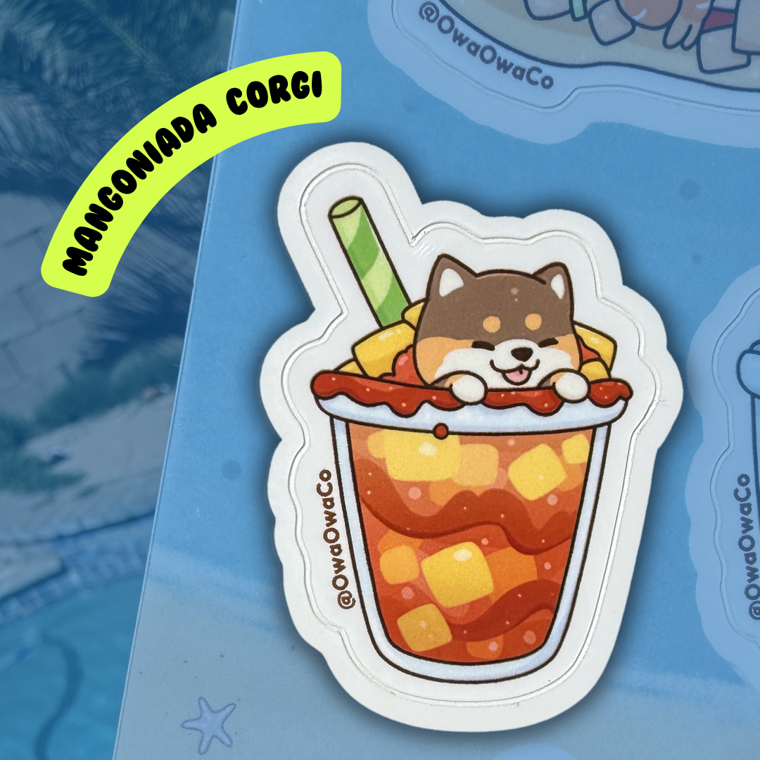 Owa Owa Treatlandia Sticker of a Corgi dog in a Manconienda.