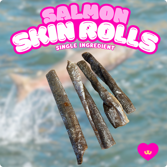 Owa Owa Salmon Skin Rolls – natural, single-ingredient dog and cat chews made from wild-caught salmon skin, rich in omega-3 fatty acids for healthy skin, coat, and joints