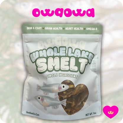 Owa Owa Whole Lake Smelt single-ingredient dog and cat treat packaging hero image. Features sustainably sourced small whole fish rich in Omega-3s for joints, skin, and overall health. Grain-free, preservative-free, hypoallergenic protein perfect for sensitive pets.