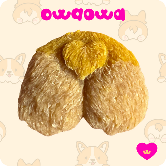 Owa Owa Corgi Booty Treat – adorable corgi butt-shaped dog treat made with chicken breast, butternut squash, white sweet potatoes, and turmeric, grain-free and limited-ingredient
