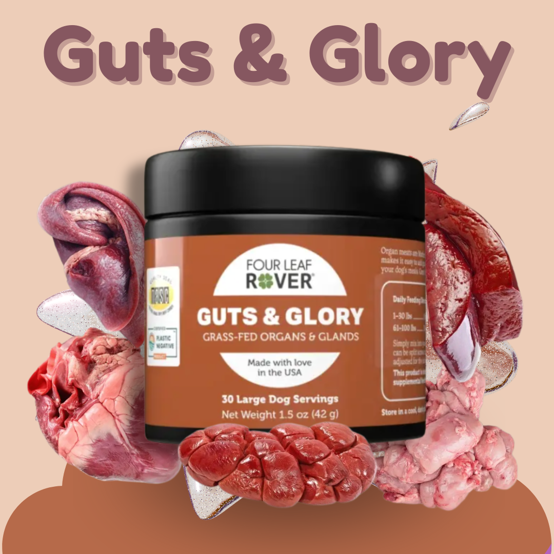 Four Leaf Rover Guts &amp; Glory
A freeze-dried blend of six grass-fed beef organs and glands that makes it easy to add nutrient-dense animal foods to kibble, cooked, or raw meals.