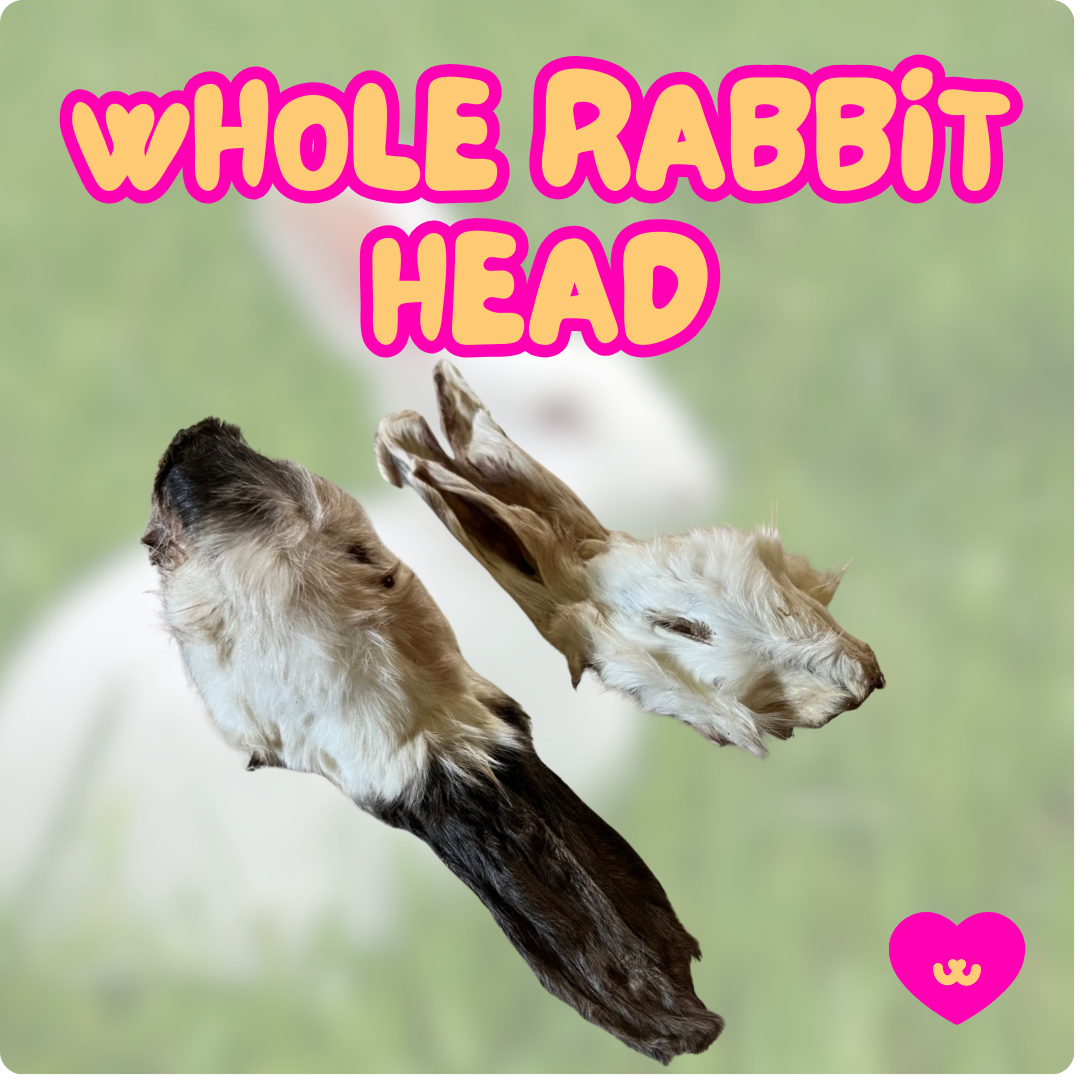 Single ingredient whole rabbit head dental chew for dogs. 