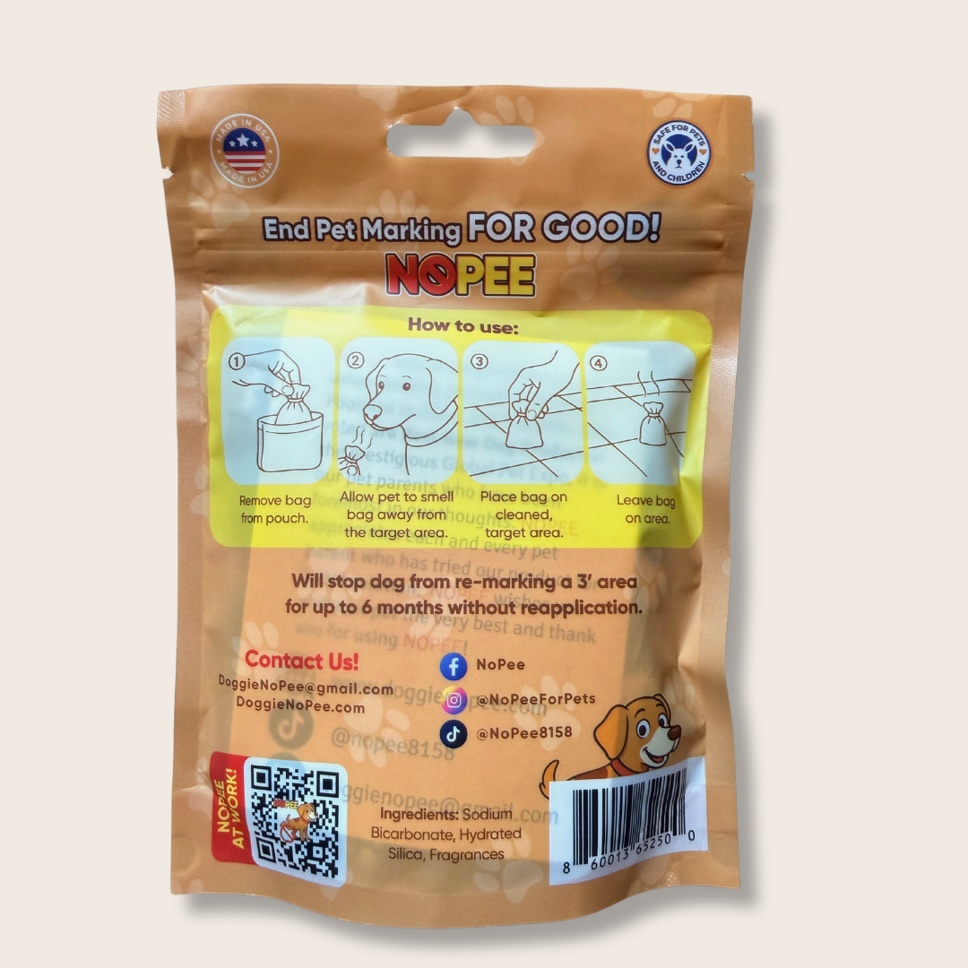 Back of NOPEE dog marking deterrent package with ingredients and instructions for use
