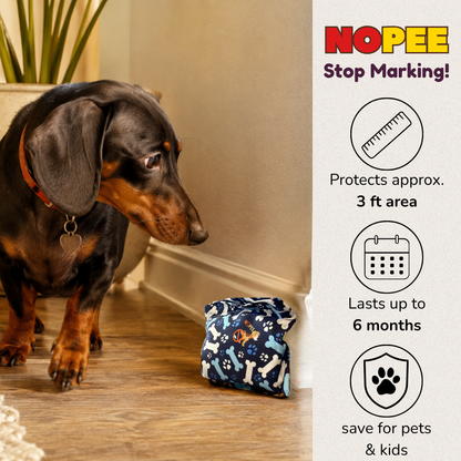NOPEE dog marking deterrent bag placed near an indoor marking spot with a dachshund, designed to discourage repeat urine marking.