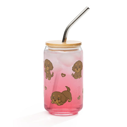 Owa Owa Kawaii Dachshund Glass Cup – 16oz Iced Coffee Cup with Lid &amp; Straw