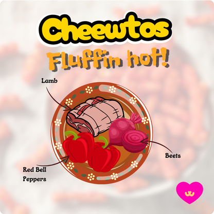 Owa Owa Fluffin Hot Cheewtos cross-section graphic highlighting lamb, beets, and peppers. Healthy, real meat treats for dogs and cats with no fillers or artificial ingredients.
