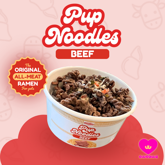 Beef ramen noodles for dogs, Owa Owa Beef Pup Noodles – all-meat ramen-style treats for dogs and cats made with beef round, beef liver, beef bone broth powder, organic carrots, and broccoli, air-dried for optimal nutrition. Species appropriate dog and cat treats