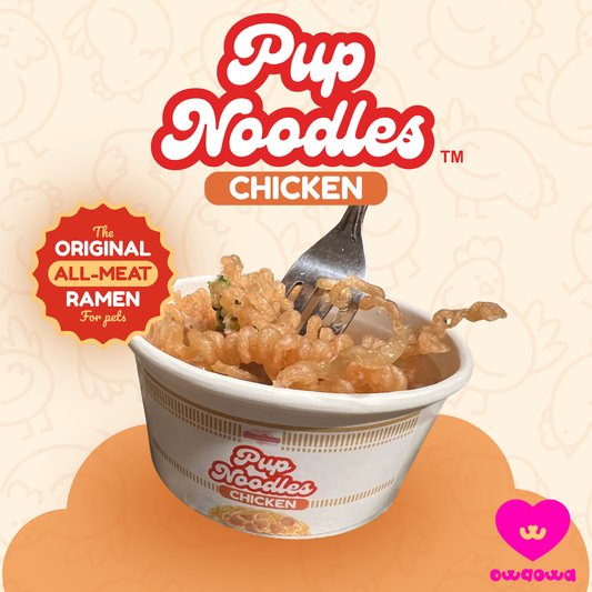 Owa Owa Pup Noodles Chicken – the original all-meat ramen noodles for dogs. Made with chicken breast, chicken bone broth powder, broccoli, and carrots. Healthy, species-appropriate dog treat with no fillers.