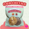 Bag of Owa Owa Conchitas dog and cat treats made with turkey and cranberries, featuring cute kawaii concha illustration and pastel pink-to-mint gradient background.