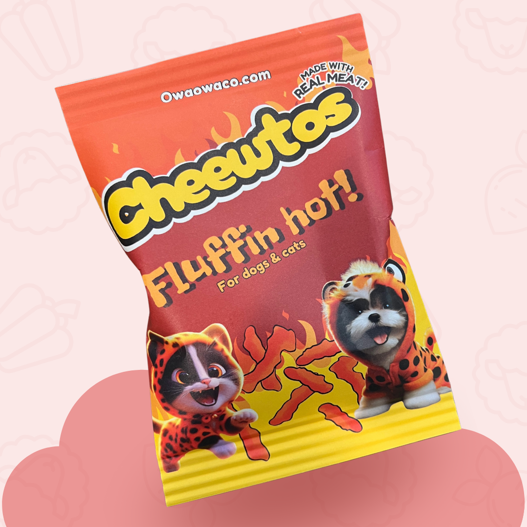 Owa Owa Fluffin Hot Cheewtos bag with cartoon dogs in cheetah print. Healthy lamb, bell pepper, and beet dog and cat treats shaped like spicy cheese snacks. Made with real meat and wholesome ingredients.