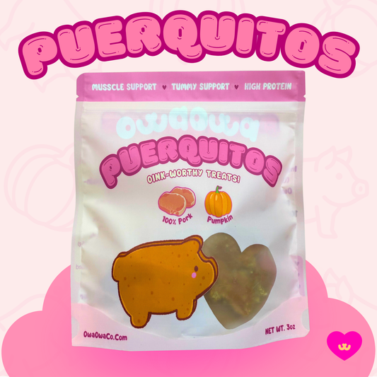 Owa Owa Puerquitos dog treats in resealable bag with kawaii pig illustration and heart-shaped window, made with 100% pork and pumpkin for muscle support, tummy health, and high protein.