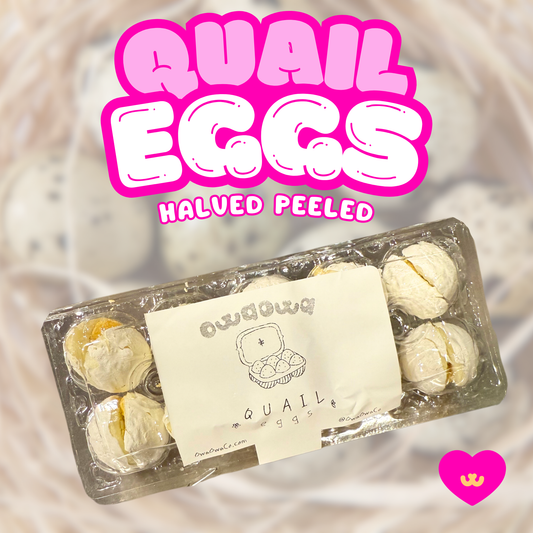 Owa Owa Freeze-Dried Quail Eggs (halved) for dogs & cats – small halved eggs shown in a pastel Owa Owa kawaii-style setting.