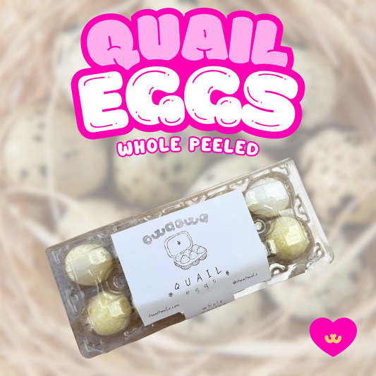 Hero image of Owa Owa Freeze-Dried Whole Quail Eggs for dogs & cats – small, whole peeled quail eggs displayed in a pastel Owa Owa kawaii-style setting. Soft sparkles, warm tones, and clean design highlight this nutrient-dense superfood treat.