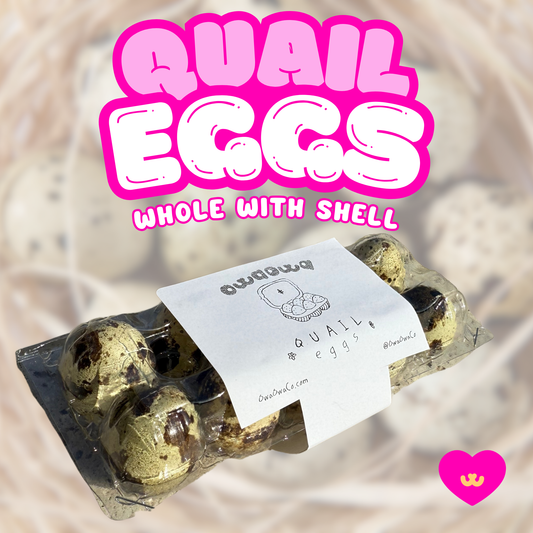Owa Owa Freeze-Dried Whole Quail Eggs with Shell for dogs & cats – whole quail eggs shown with shell intact in a pastel Owa Owa kawaii-style setting. Soft sparkles, warm tones, and clean design highlight this calcium-rich, functional superfood treat.