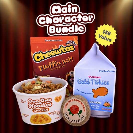 OwOwaCo product bundle including hot cheetos for dogs and cats, Gold Fishes, mazapan for dog and cats, and owa owa pup Noodles.