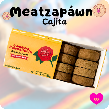 Owa Owa Meatzapawn Cajita box with 8 soft, crumbly treats made from turkey and goat milk yogurt. Supports gut health, muscle strength, and memory. Inspired by Mexican mazapán candy for dogs and cats.