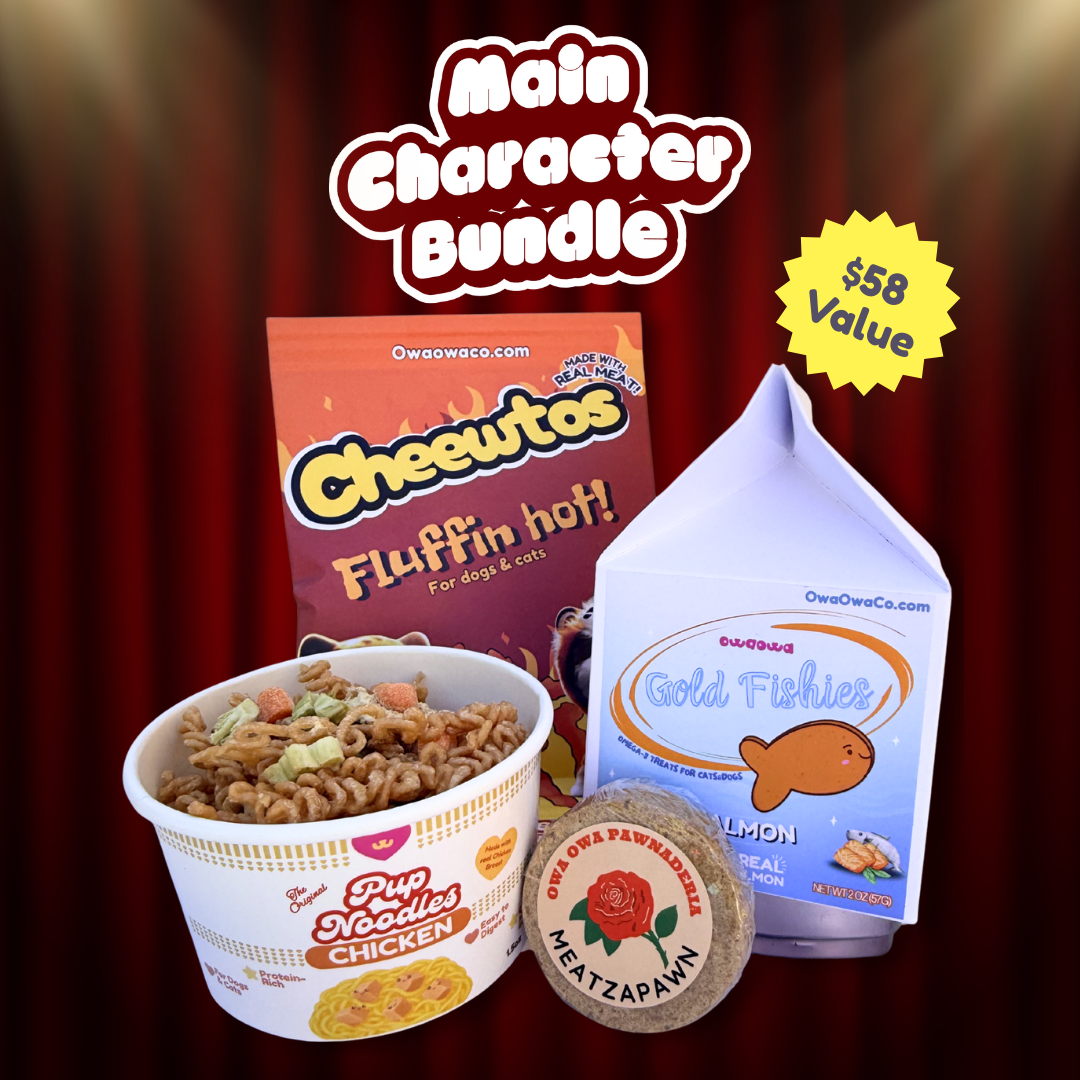 Owa Owa all-meat dog treats, limited ingredient including Cheewtos for dogs, Gold Fish crackers fro dogs, Owa Owa Pup Noodles, and Owa Owa Meatzapaws on a red curtain background.