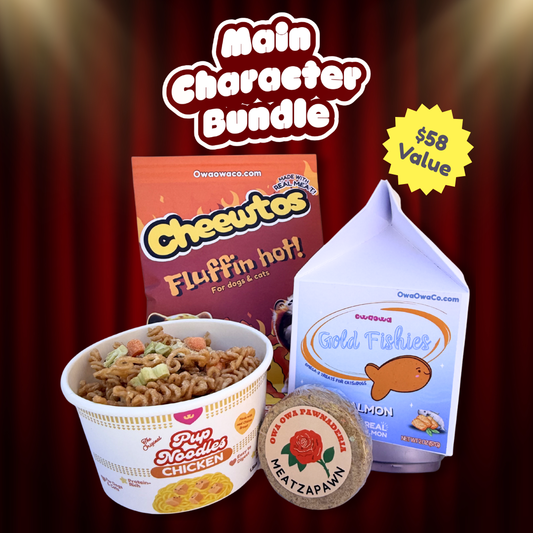 Owa Owa all-meat dog treats, limited ingredient including Cheewtos for dogs, Gold Fish crackers fro dogs, Owa Owa Pup Noodles, and Owa Owa Meatzapaws on a red curtain background.