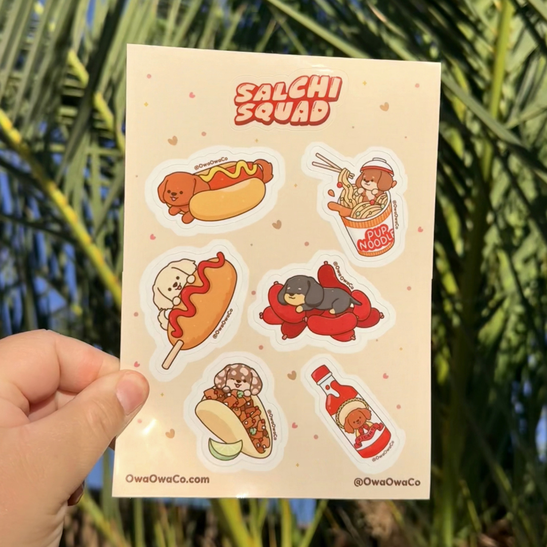 Owa Owa Sticker sheet, Salchi squad. dachshund, wiener dog, doxie dog sticker sheets. Mexican food stickers