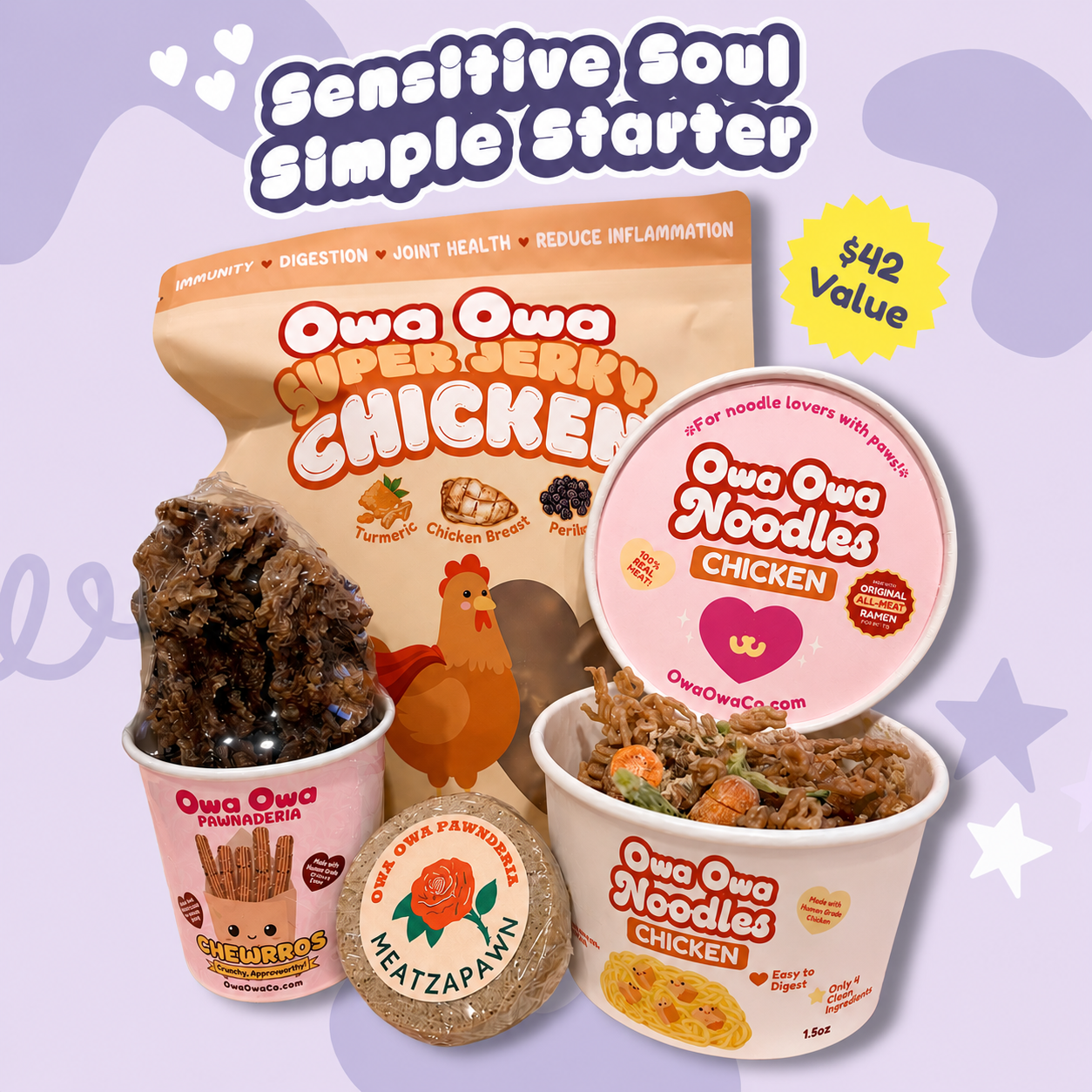 Owa Owa products including super chicken jerky, Pup noodles chicken, and churros for dogs on a purple background with text 'Sensitive Soul Simple Starter'.